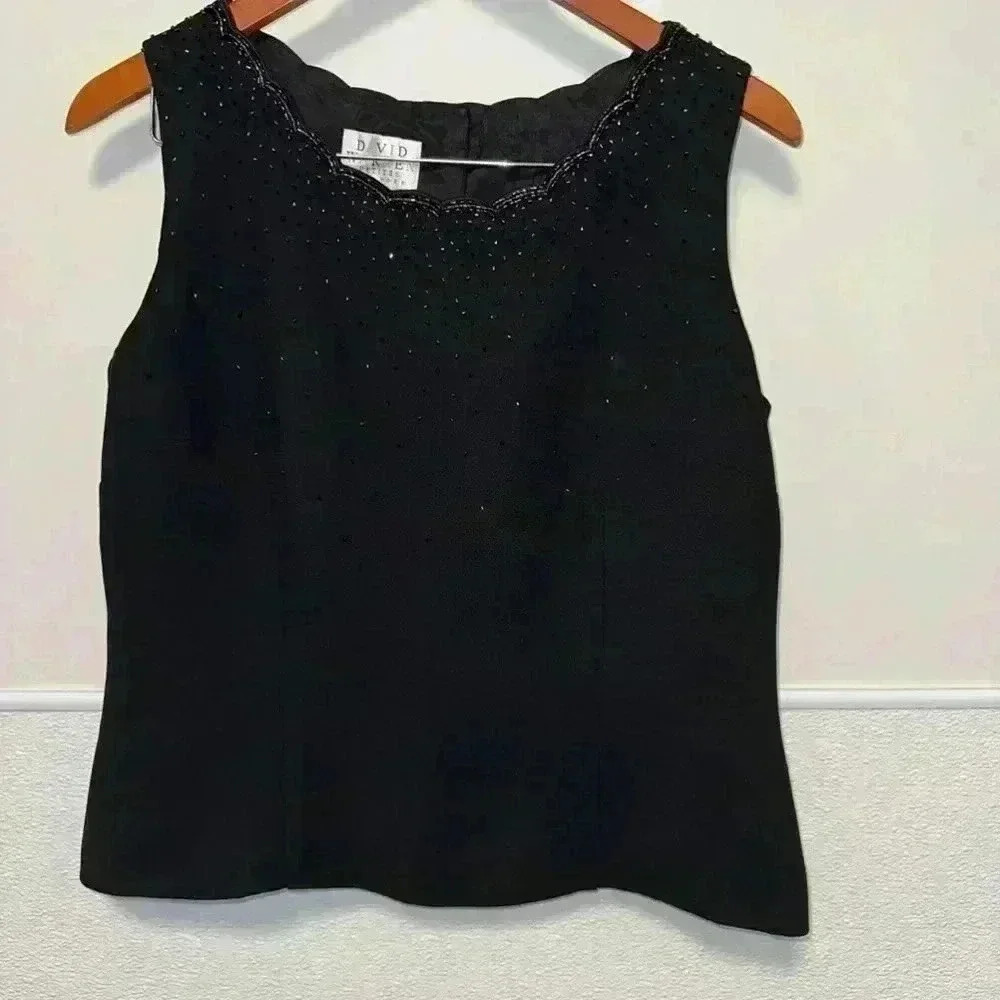 Vintage 90’s David Warren Black Tank with Sequins Top / Petite New York / 12P